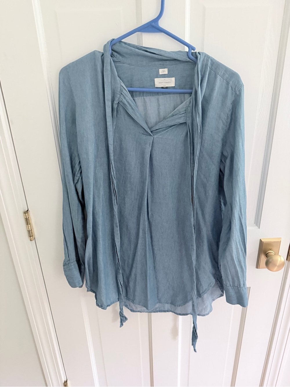LOFT Light Blue Tie-Neck Long Sleeve Blouse